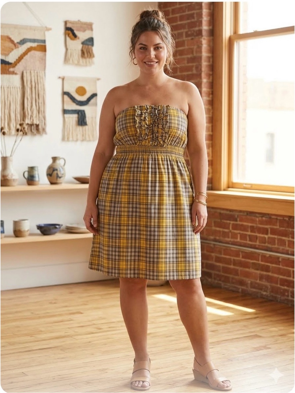 Maeve (Anthropologie)Yellow Plaid Strapless Sundress with Ruffle Front
